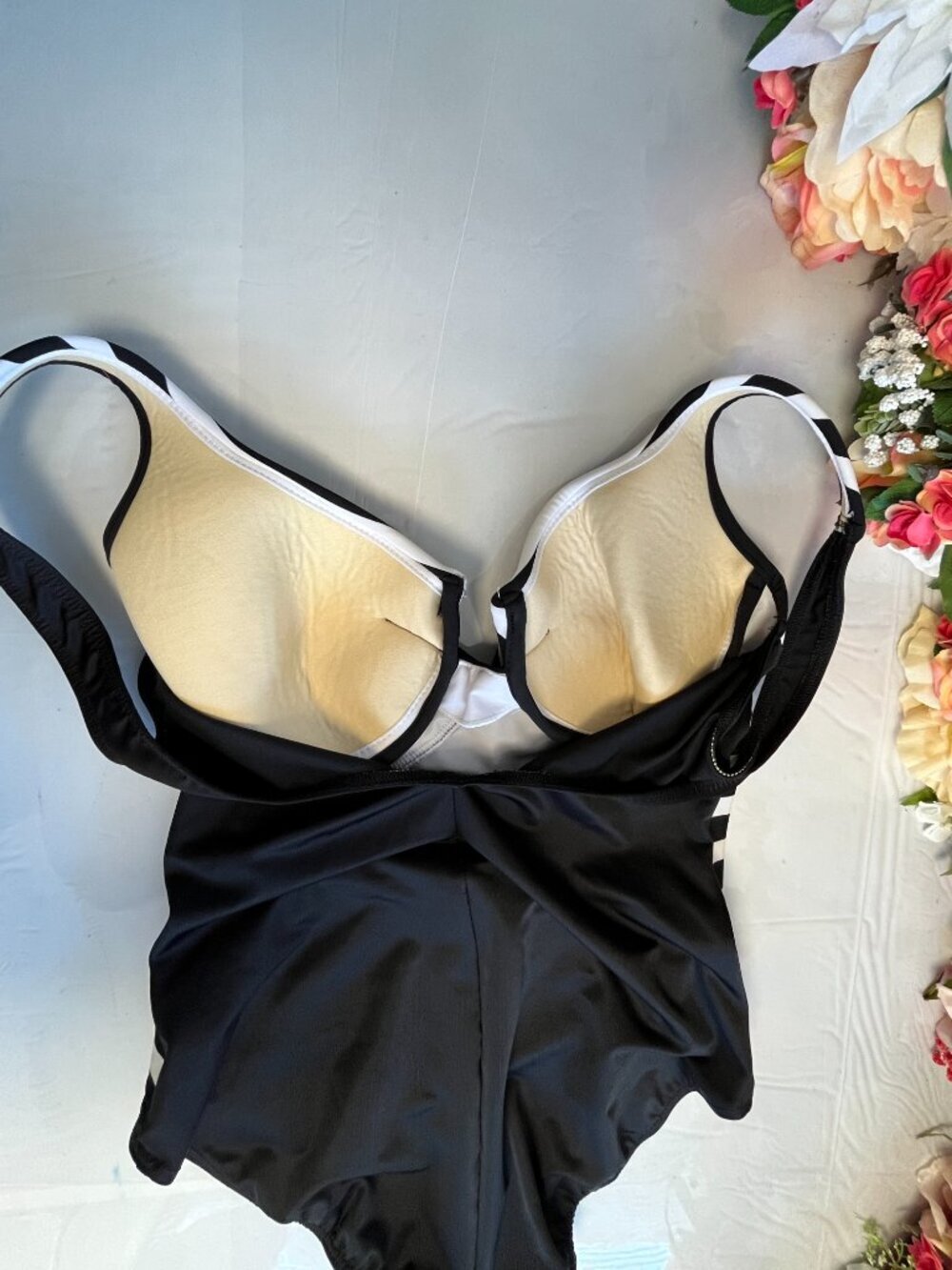 Miraclesuit Black White Striped Wrap Front One-Piece Swimsuit Estimated M - Picture 6 of 9